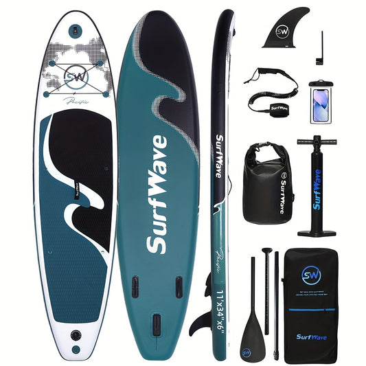 SurfWave Inflatable Stand-Up Paddle Board - Wide, Stable Design with Anti-Slip Deck, Dual-Action Pump, Ankle Strap, and Premium Accessories for Adults & Teens - Ideal for Water Sports, SUPing Boar