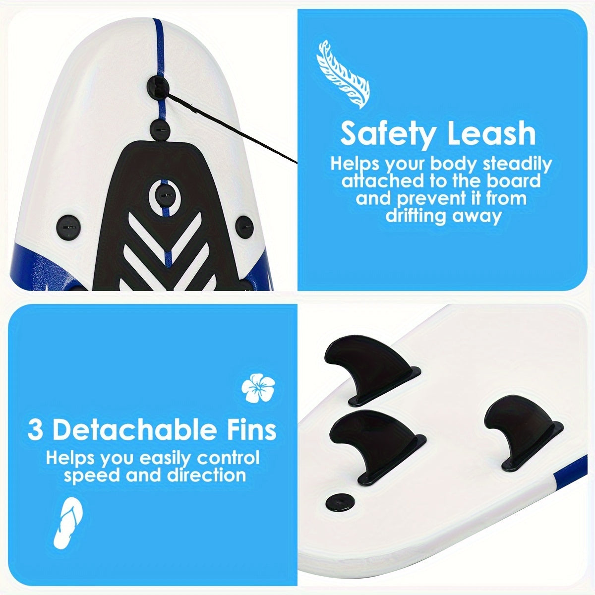 6ft Surfing Body Board w\u002F 3 Removable Fins Safety Leash White
