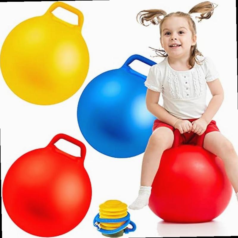 Lewtemi 3 Pcs 18 Inch Hopper Ball Large Jumping Bouncy Balls with Handles Kids Round Ball with Air Pump Bouncing Balls Hopping Toys for 6 Years Old and Above Children Boy Girl Yellow Blue Red