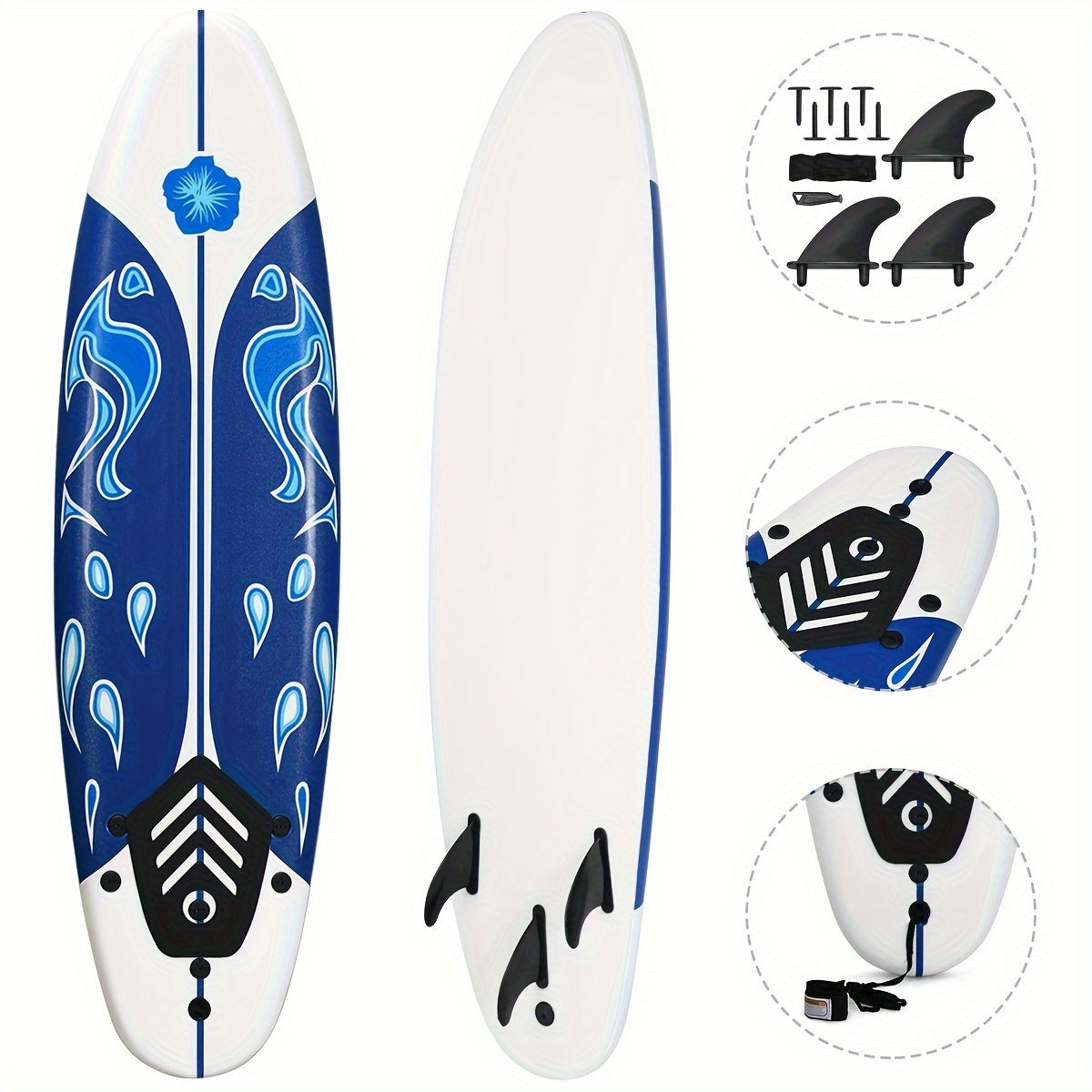 6ft Surfing Body Board w\u002F 3 Removable Fins Safety Leash White