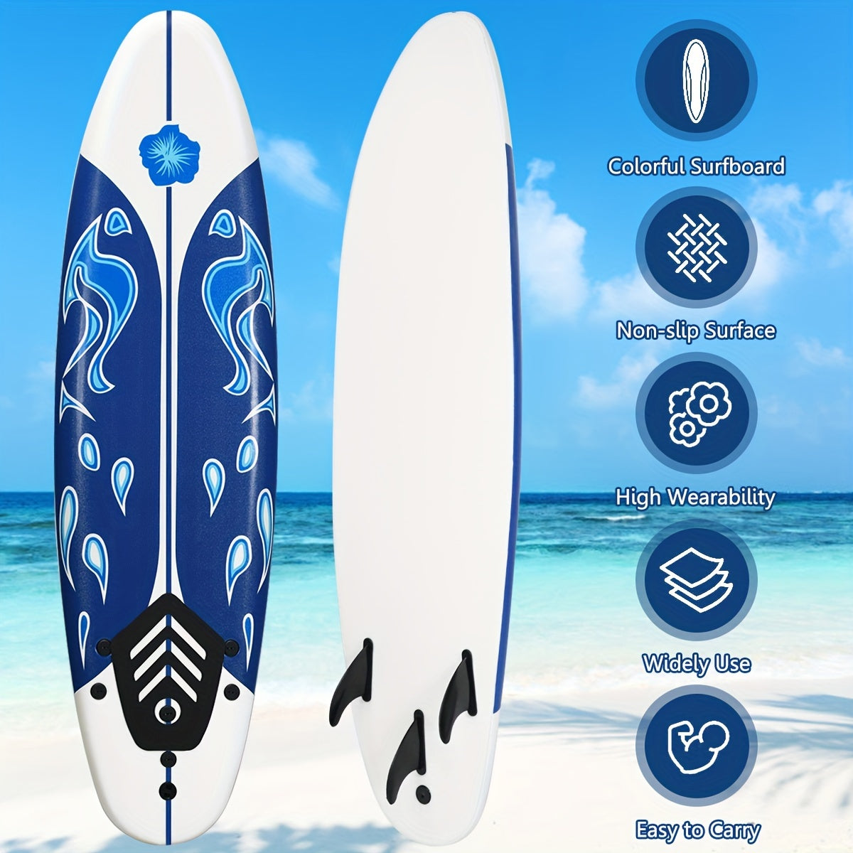 6ft Surfing Body Board w\u002F 3 Removable Fins Safety Leash White