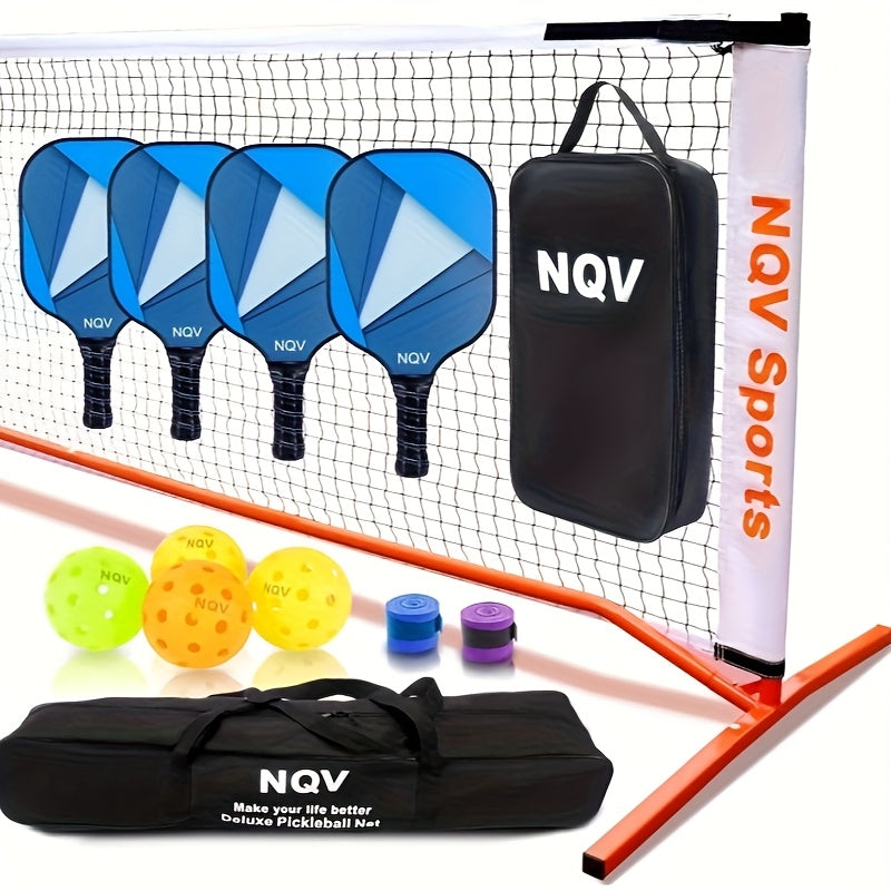 NQV Pickleball Set with Net, Pickleball Set, Regulation Size Pickleball Net Portable Outdoor Indoor Driveway, 4 USAPA Approved Graphite Pickleball Paddles+22ft Net+4 Pickleballs+2 Bags+2 Chalks