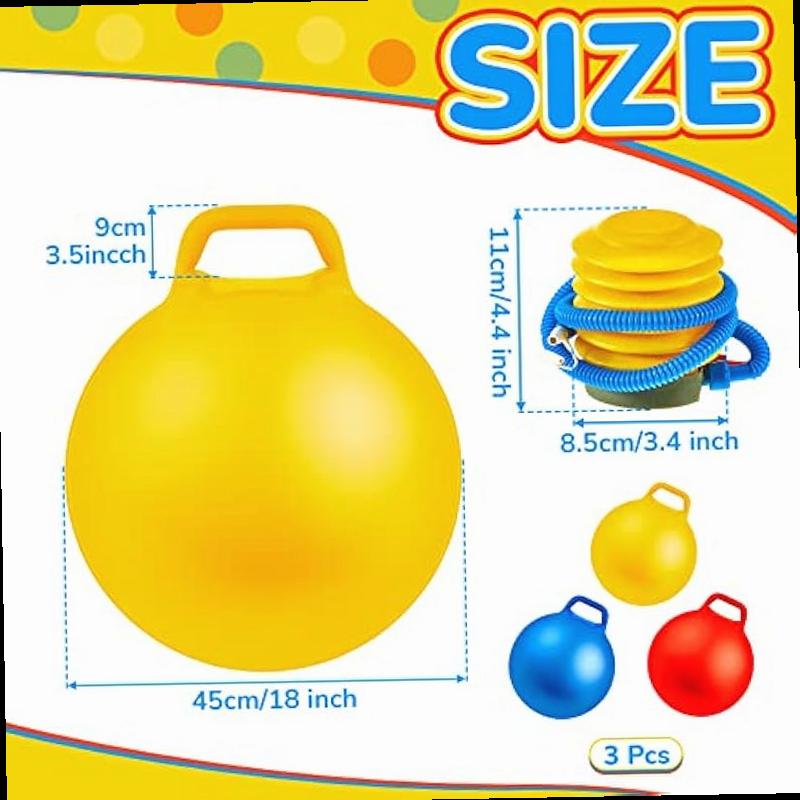 Lewtemi 3 Pcs 18 Inch Hopper Ball Large Jumping Bouncy Balls with Handles Kids Round Ball with Air Pump Bouncing Balls Hopping Toys for 6 Years Old and Above Children Boy Girl Yellow Blue Red