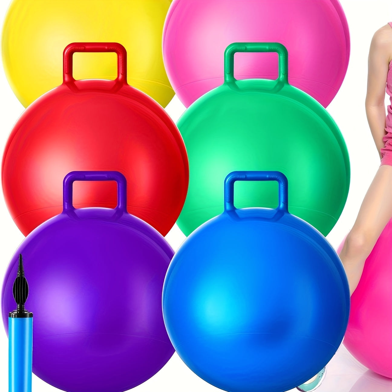 6 Hopper Ball Carnival Outdoor Games 22 Inch Jumping Inflatable Yoga Balls with Handle And Air Pump, Suitable for Exercise (Red, Blue, Green, Pink, Yellow, Purple), PVC Material, Youth Fitness Equipment|Playful Design|Durable PVC, Inflatable Exercise Ball
