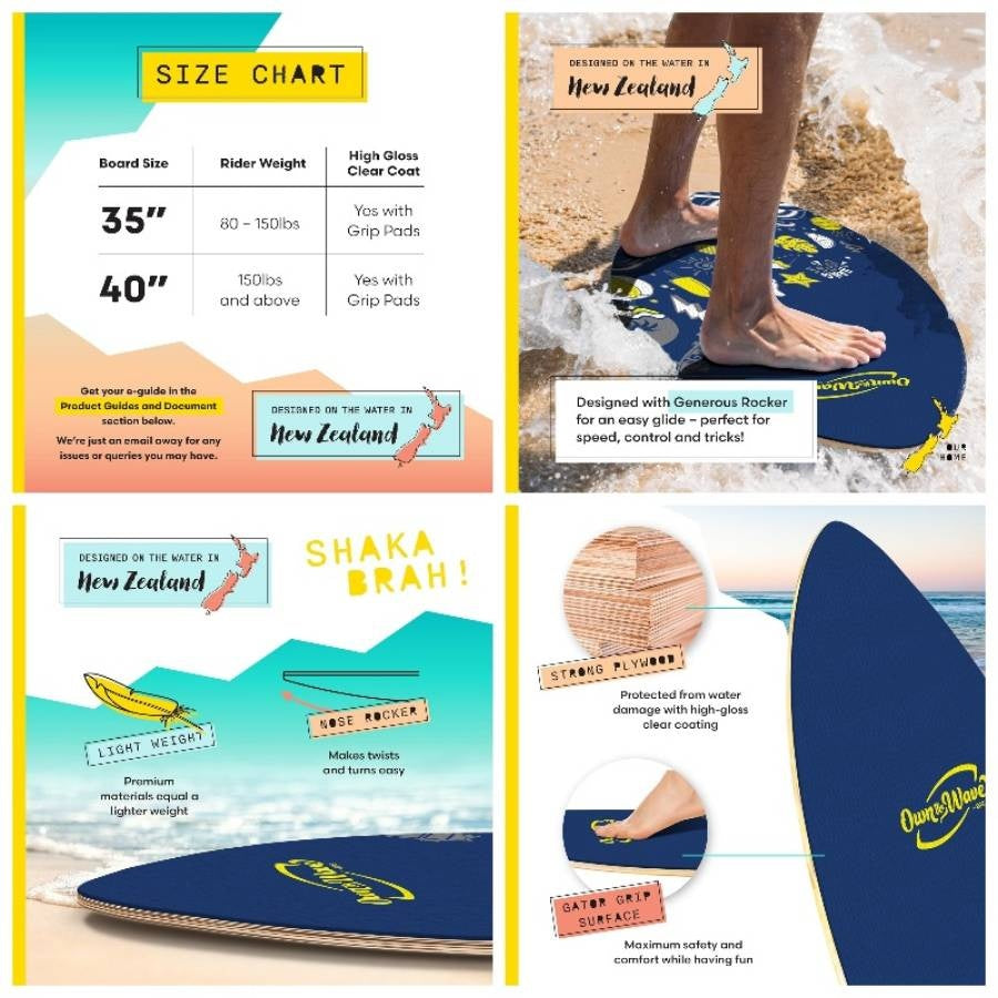 New Zealand u2018Hang Looseu2019 Skimboard with Colored EVA Grip Pad and High Gloss Coat Wooden Skim Boards and Adults Choose from 2 Sizes and Traction Pad Color