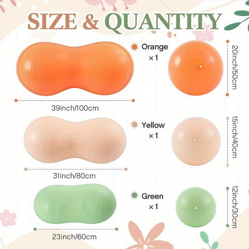 Jexine 3pcs AntiBurst Peanut Shape Ball Set Exercise Yoga Balance Stability Ball for Kid Relax Pregnancy and Home Gym Includes 1 Pump 3 Size Options