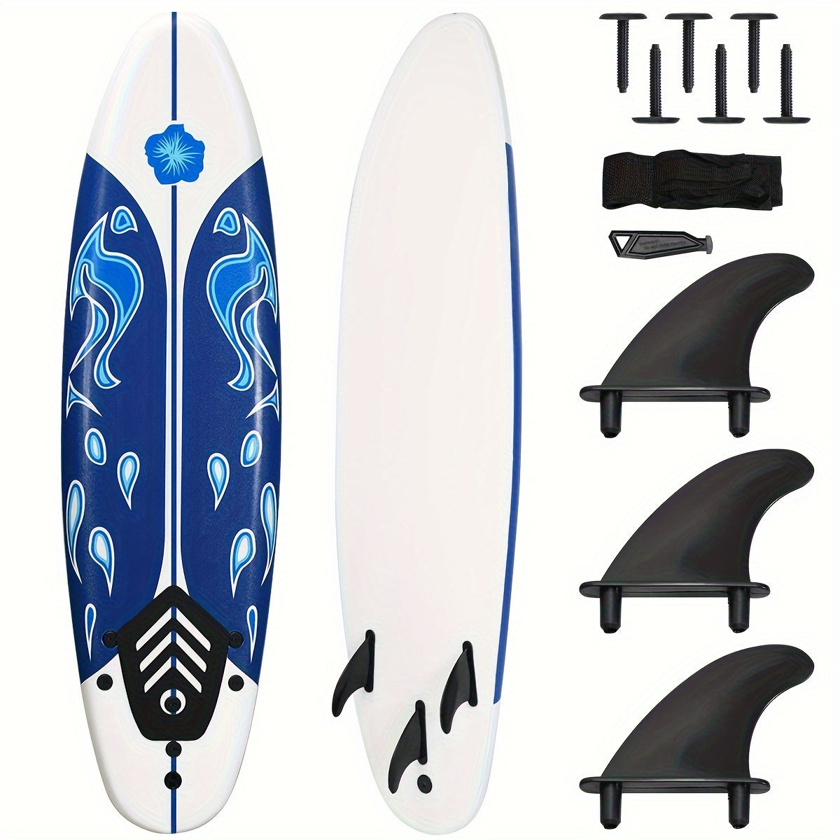 6ft Surfing Body Board w\u002F 3 Removable Fins Safety Leash White