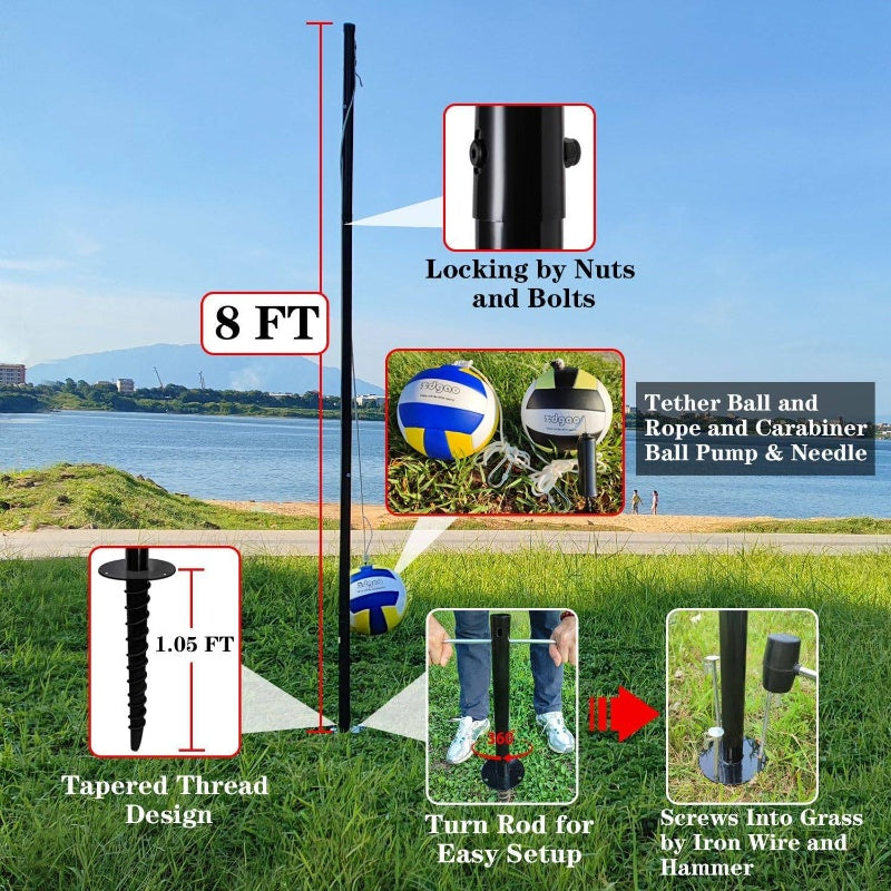 Portable Tetherball Set with 2 Tetherball Ball, Rope and Pole, Heavy Duty Tetherball Pole Set Family Fun, Portable Outdoor Game Fun Backyard, Lawn, Sand and Beach