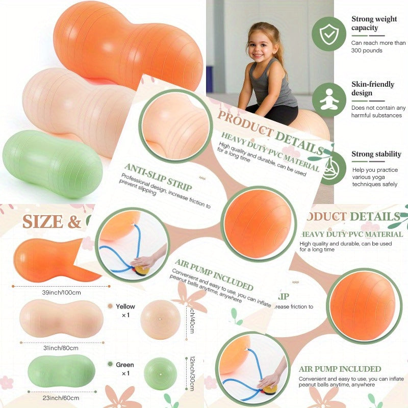 Jexine 3pcs AntiBurst Peanut Shape Ball Set Exercise Yoga Balance Stability Ball for Kid Relax Pregnancy and Home Gym Includes 1 Pump 3 Size Options