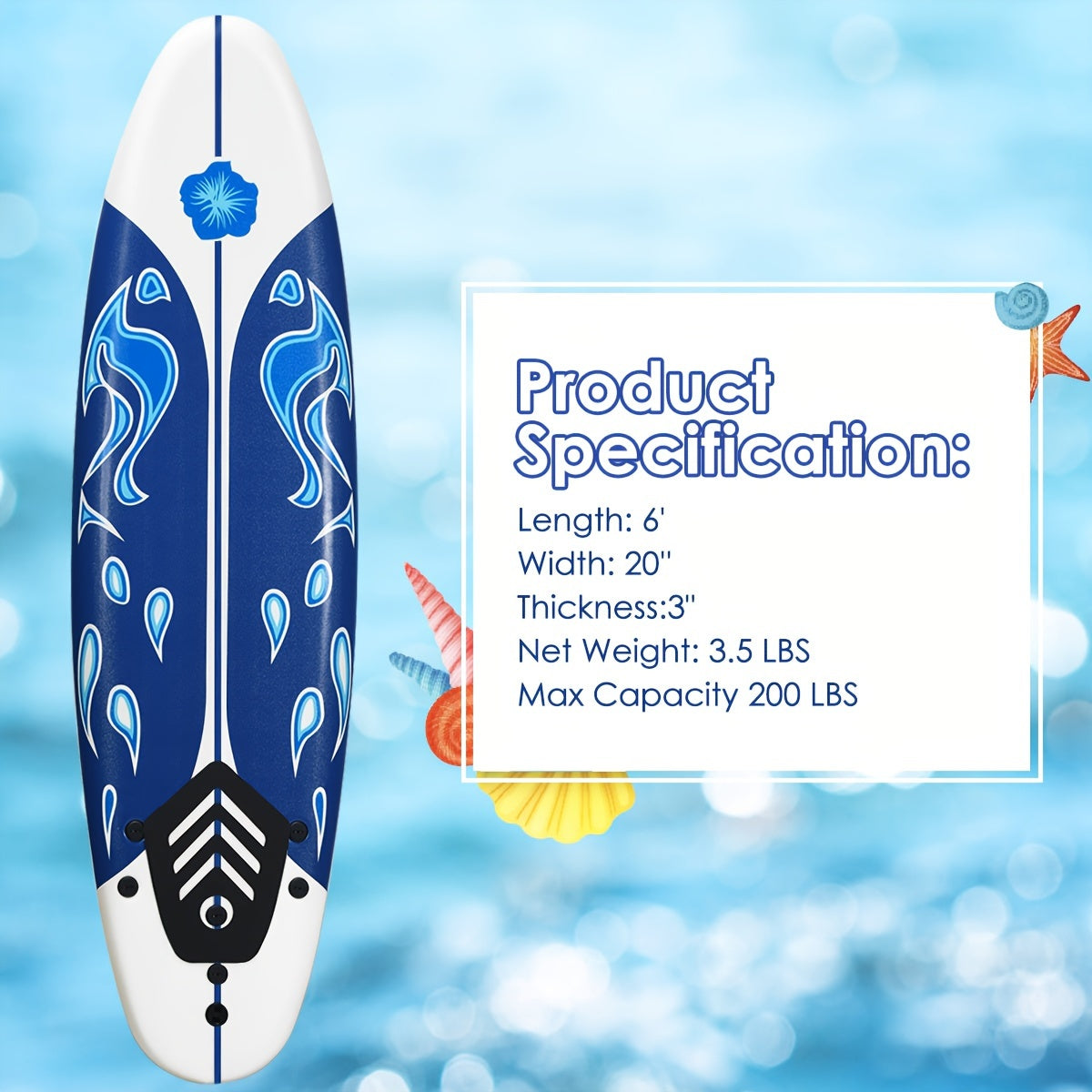 6ft Surfing Body Board w\u002F 3 Removable Fins Safety Leash White