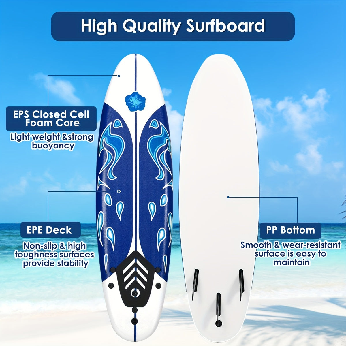 6ft Surfing Body Board w\u002F 3 Removable Fins Safety Leash White